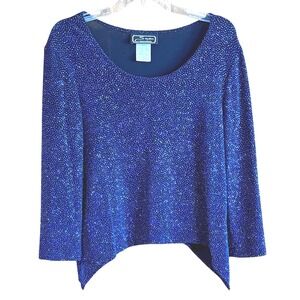 Studio Connection Blue Metallic Glitter Asymmetric Hem Top J15399 Womens 12 USA